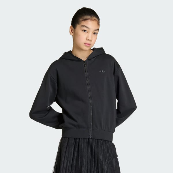 Negro HOODIE HOLGADO CON ENCAJE Y CIERRE FRONTAL