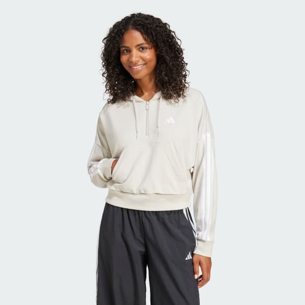adidas Essentials 3 Stripes French Terry Quarter Zip Hoodie Grey adidas UK