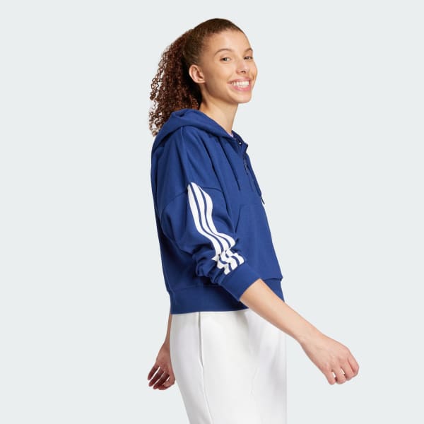 Bleu Sweat-shirt à capuche zip 1/4 french terry 3 bandes Essentials