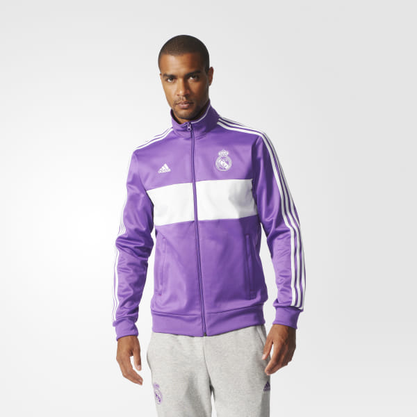 purple adidas jacket white stripes