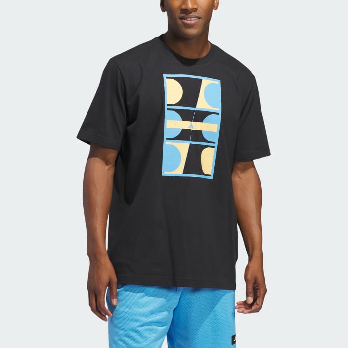 white blue and yellow graphic tee