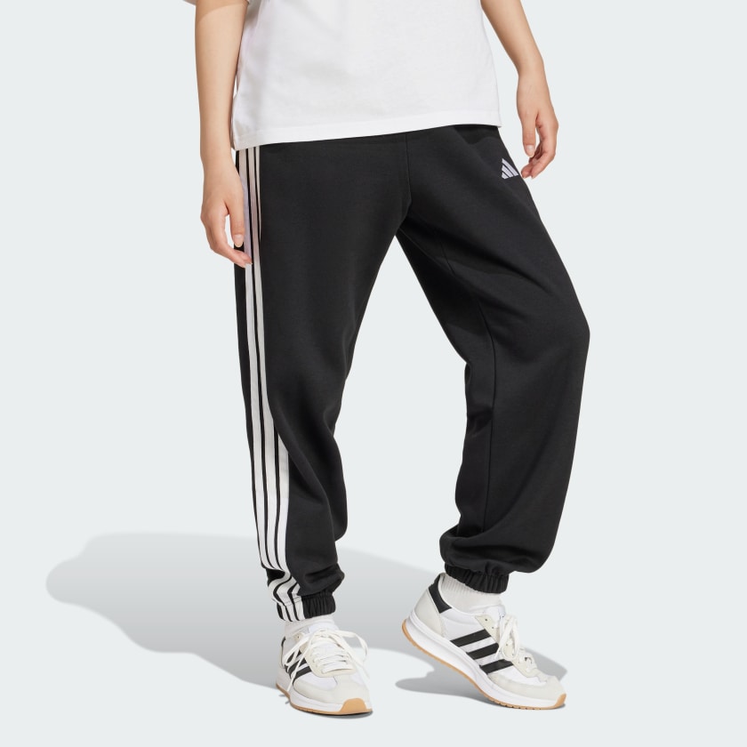 как выглядит adidas women Essentials 3-Stripes Fleece Loose-Fit Pants фото