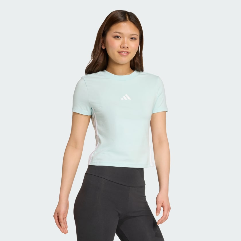 как выглядит adidas women Essentials 3-Stripes Slim Baby Tee фото