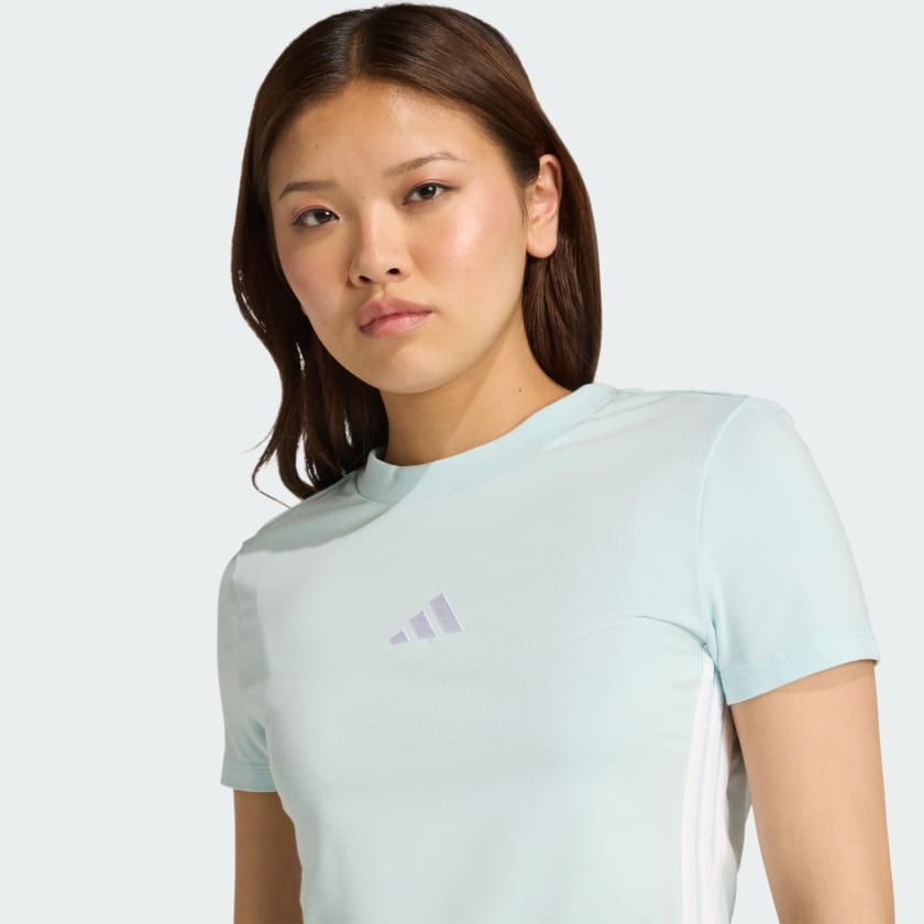 как выглядит adidas women Essentials 3-Stripes Slim Baby Tee фото