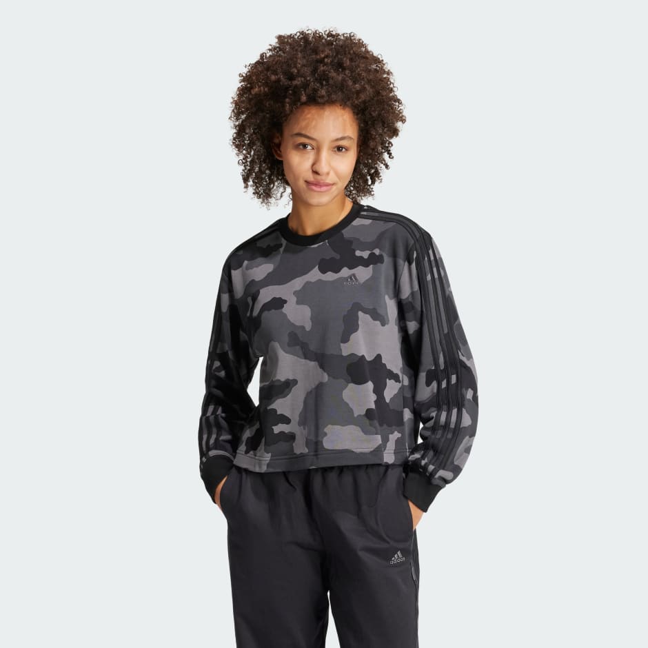 Essentials 3-Stripes Camo-Print Cropped Sweatshirt