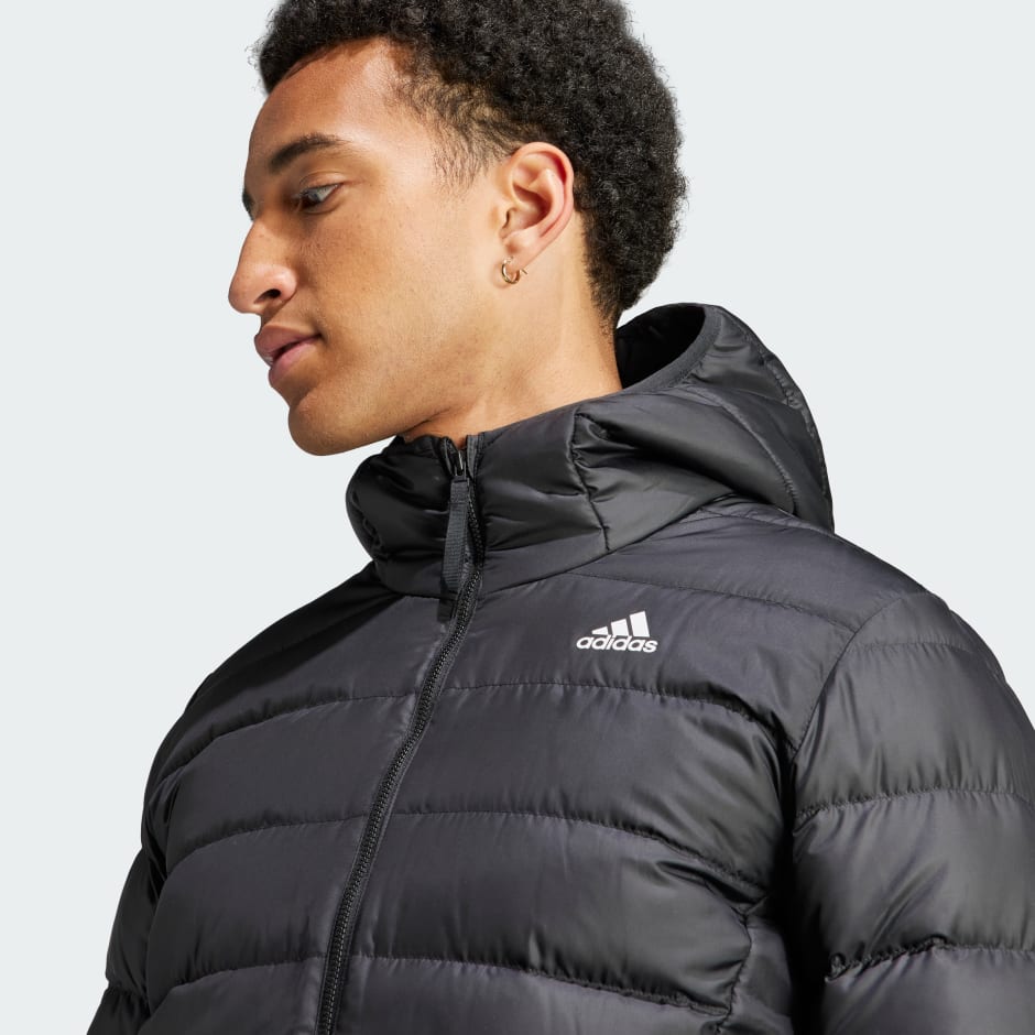 Clothing - Essentials Light Down Hooded Jacket - Black | adidas South ...