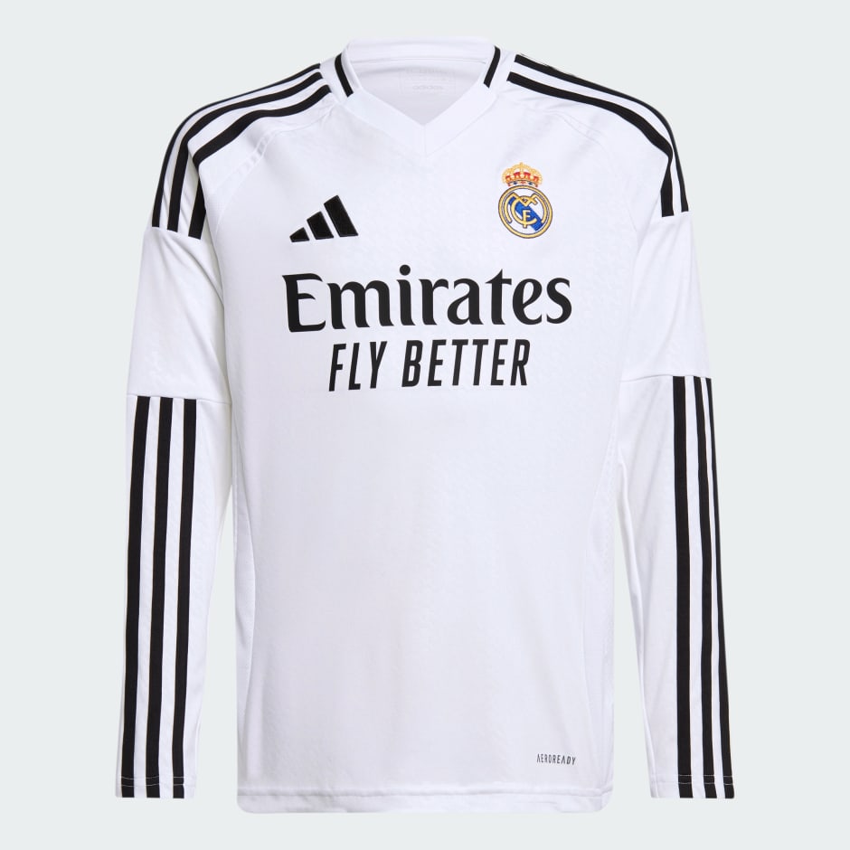 Tricou Real Madrid 24/25 cu mânecă lungă, pentru meciurile la domiciliu, juniori