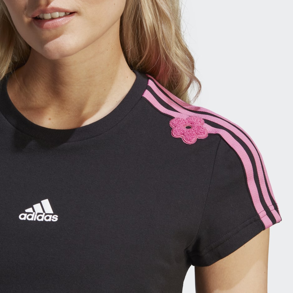 3-Stripes Cropped Tee with Chenille Flower Patches