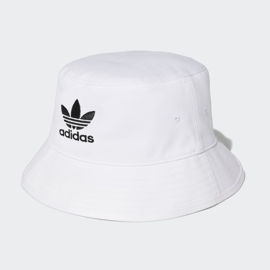 adidas Originals Logo Bucket Hat In White ($20) ❤ liked on Polyvore  featuring accessories, hats, white, …