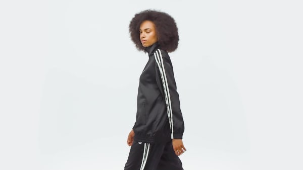Svart adidas Originals Satin Firebird Treningsoverdel Ruffle 3-Stripes