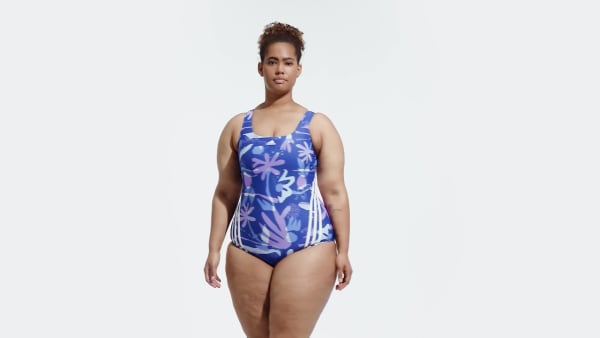 Blau Floral 3-Streifen Badeanzug – Große Größen